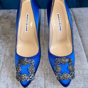 Manolo Blahnik Royal Blue Satin Pumps with Crystal Accents